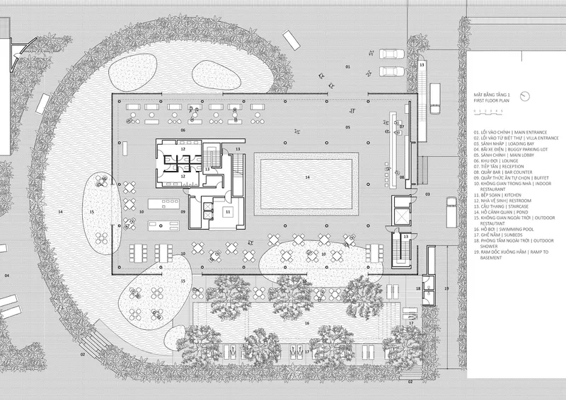 Ground floor plan drawing showing a curved site with central pool, outdoor dining areas, and perimeter landscaping