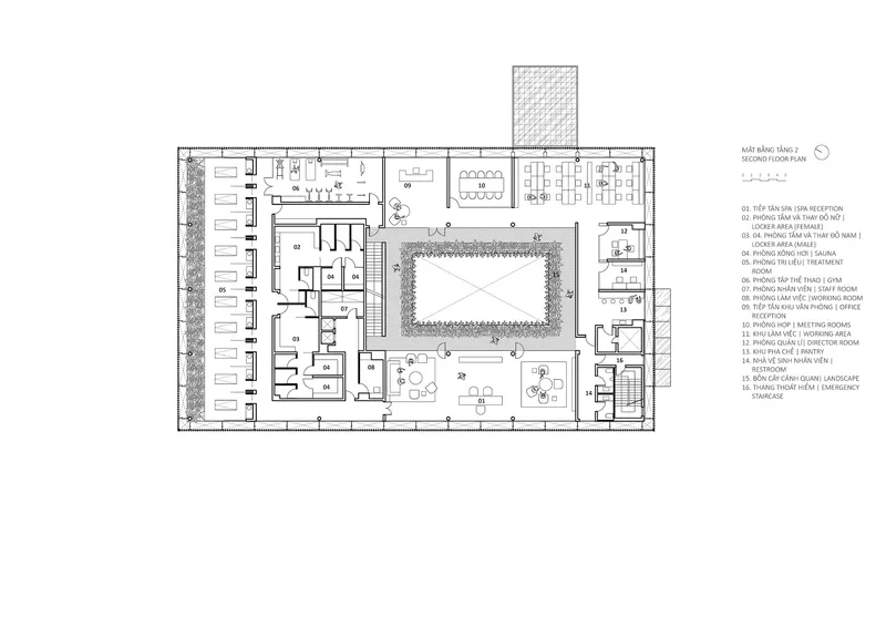 Second floor plan drawing revealing interior courtyard pool surrounded by reception, working areas, and meeting rooms