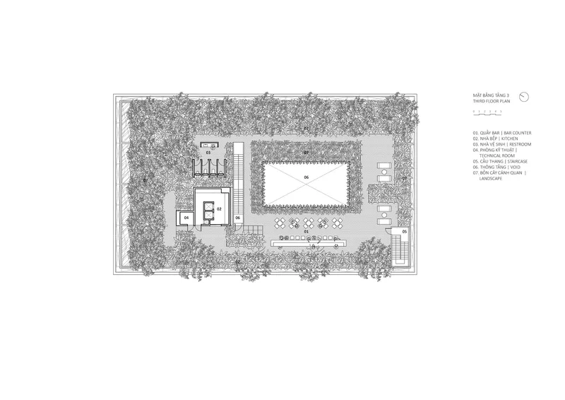 Third floor plan drawing showing rooftop terrace with central pool, bar counter, and dense perimeter planting