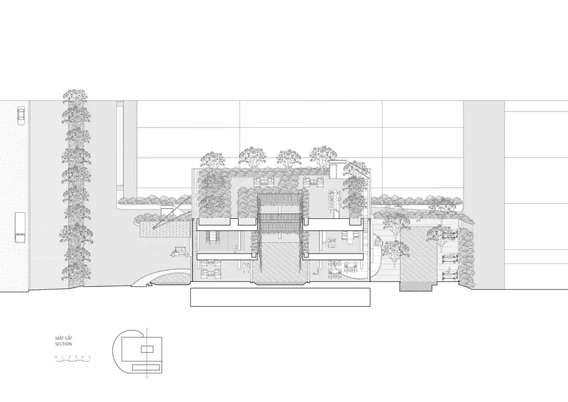 Section drawing cutting through the multi-level structure with rooftop gardens and trees on upper terraces