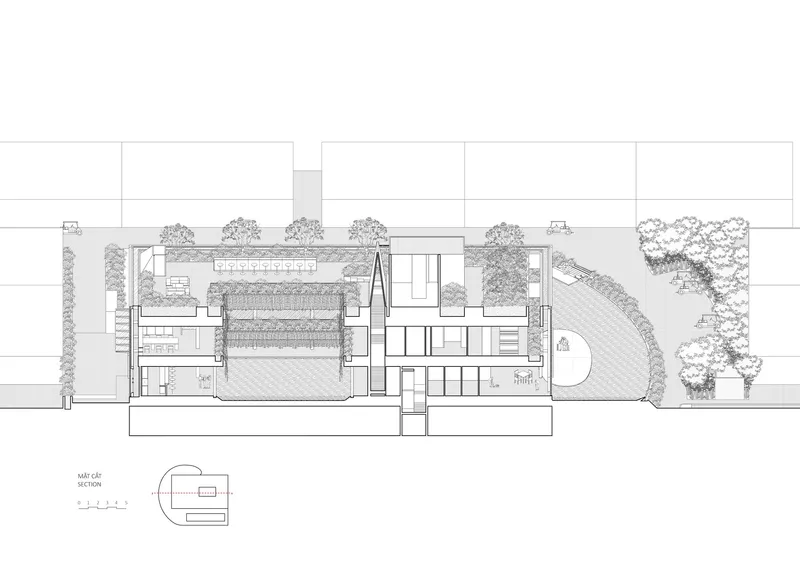 Section drawing revealing interior spaces with double-height volumes, planted terraces, and surrounding landscape features