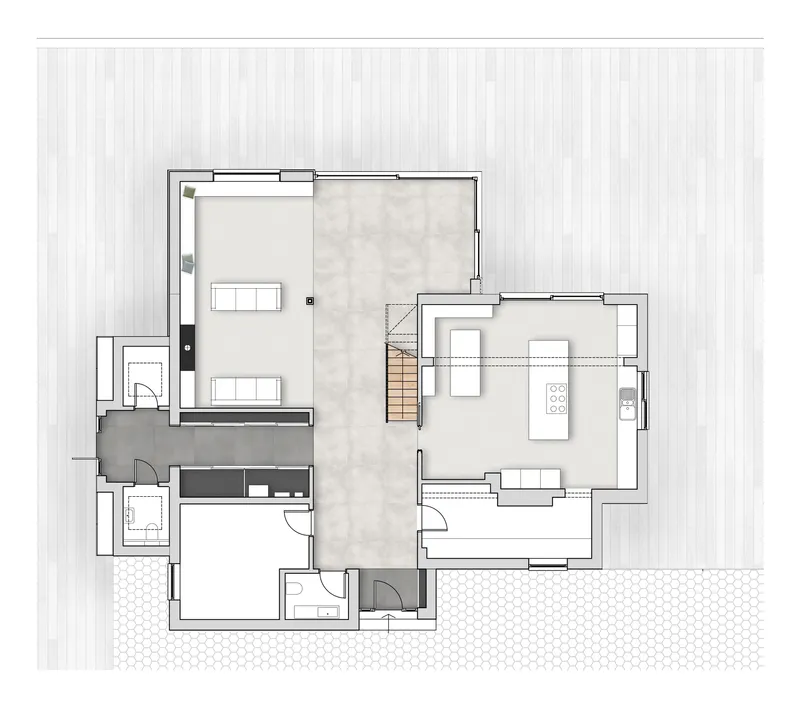 Floor plan drawing showing living spaces, kitchen, staircase and bathrooms arranged around a central circulation zone