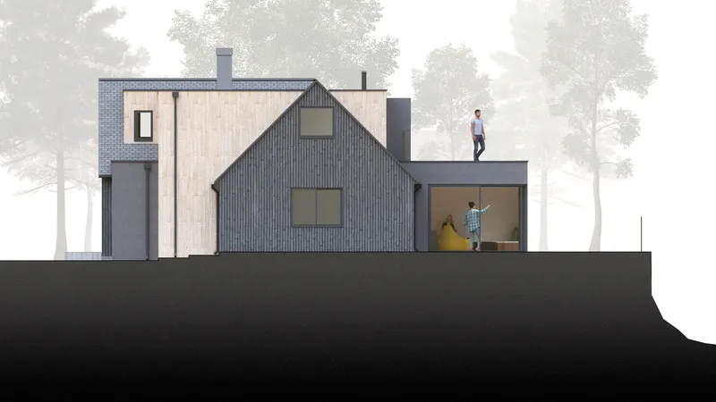 Section drawing showing pitched-roof volumes with figures on different levels among silhouetted trees