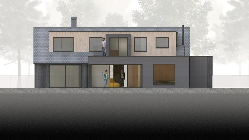 Elevation drawing of a two-storey house with brick upper level and corrugated metal lower level with figure at balcony