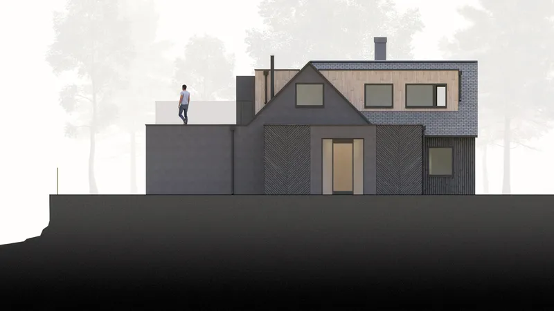 Elevation drawing showing the angled gable volume and rooftop terrace with a person standing on the platform