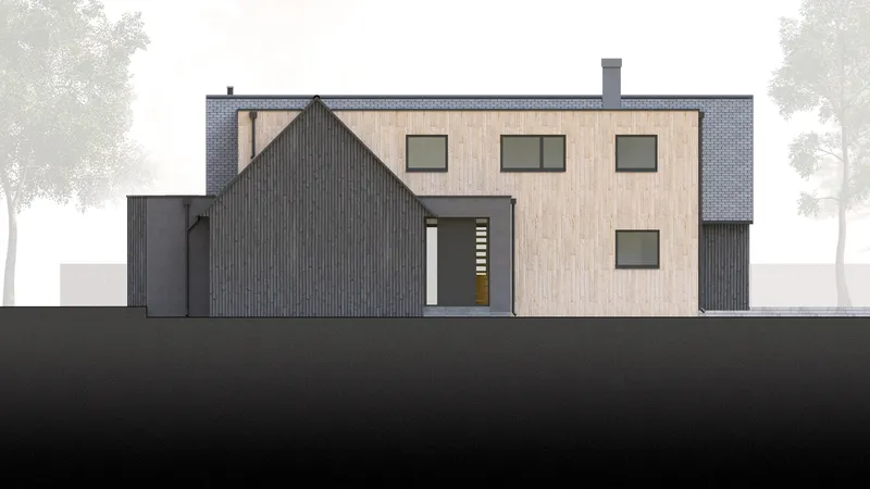 Elevation drawing depicting the timber-clad facade with scattered windows and central entry beneath a gabled volume