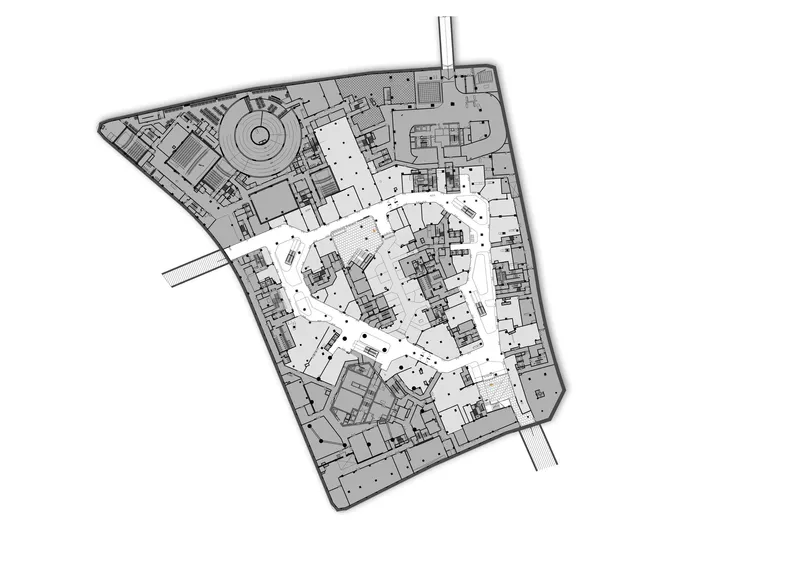Floor plan drawing showing cluster of rooms with curved edges and central gathering spaces