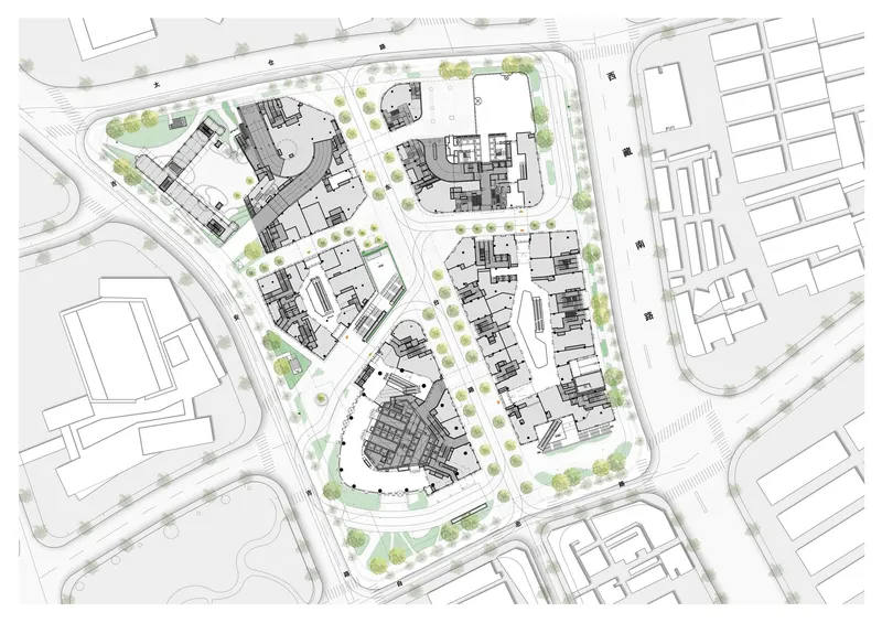 Site plan drawing with street trees and multiple building volumes arranged around pathways