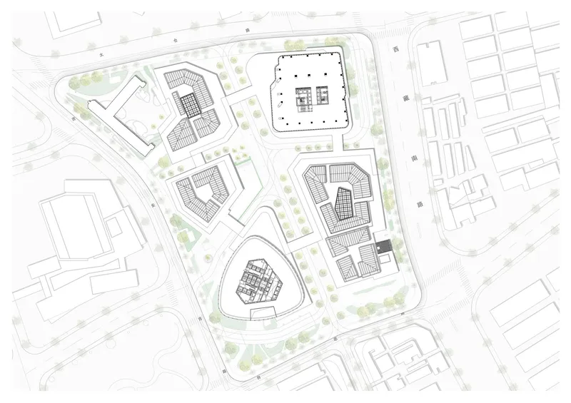 Site plan drawing showing cluster of buildings with street trees along perimeter roadways
