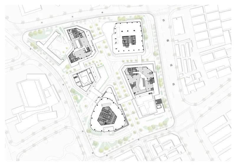 Site plan drawing showing five buildings arranged around a triangular central structure with surrounding landscaping and roadways