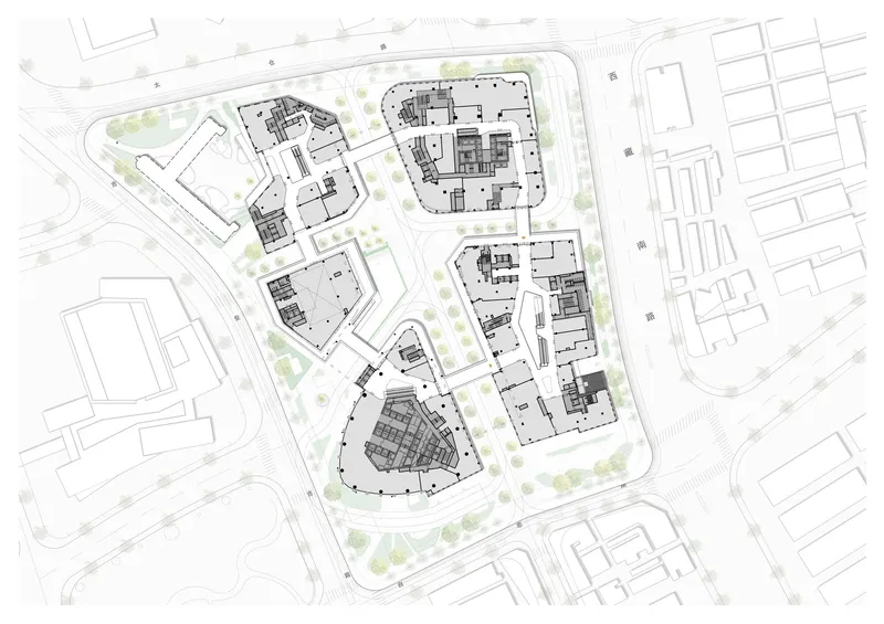 Site plan drawing showing the ground floor layouts of five buildings with interior circulation paths and programmatic zones