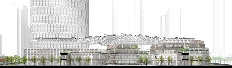 Elevation drawing showing a low-rise podium with expansive roof canopy flanked by high-rise towers