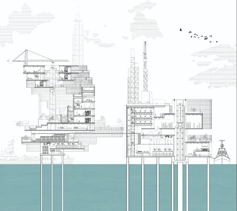 Sectional drawings reveal the layered spatial organization connecting museums, production spaces, and marine retreat programs.