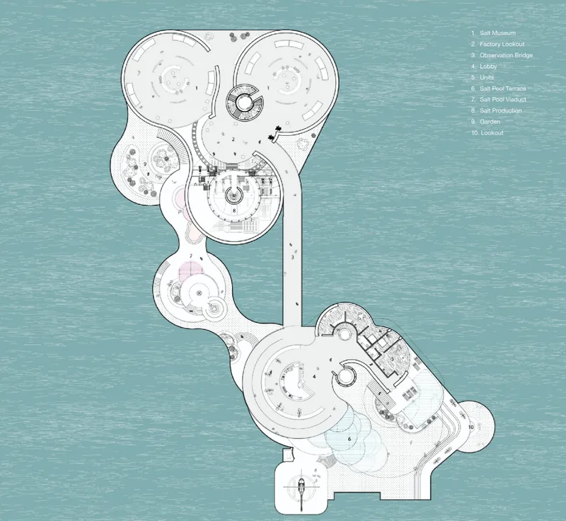 Organic circulation pathways connect cultural, recreational, and industrial programs across the floating architectural masterplan.