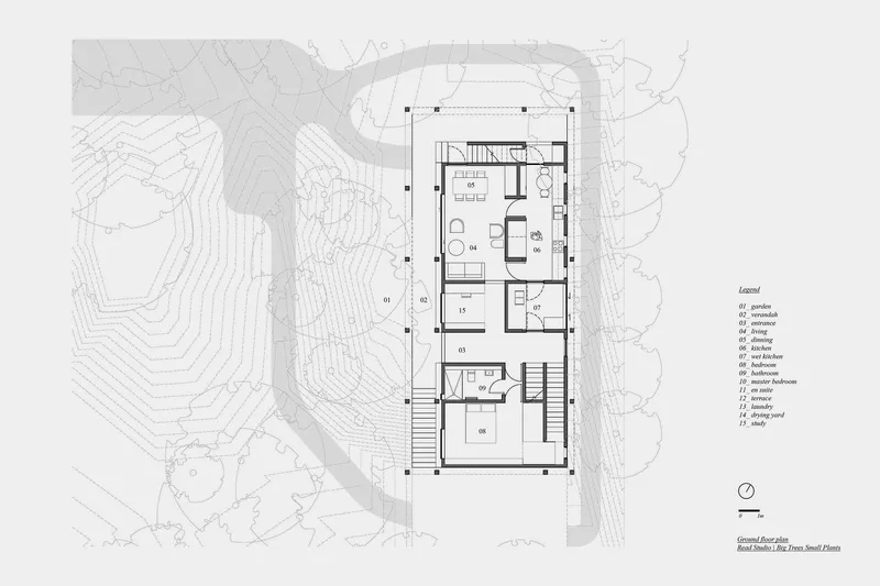 Ground floor plan drawing depicting living spaces with stairs and surrounding terrain with contour lines