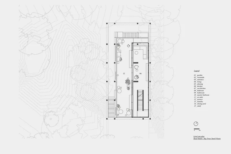 Level one floor plan drawing showing open living areas and bedrooms with topographic site context