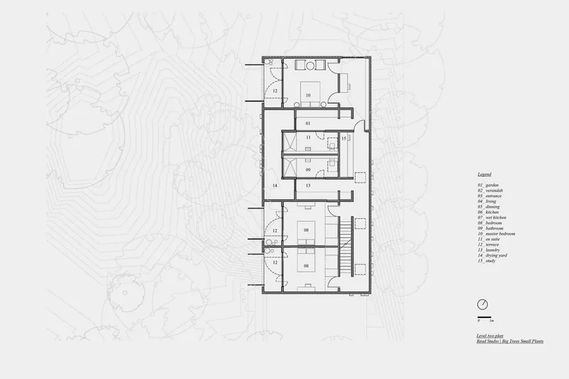 Level two floor plan drawing revealing bedroom suites and bathroom layouts with terraced landscape surroundings