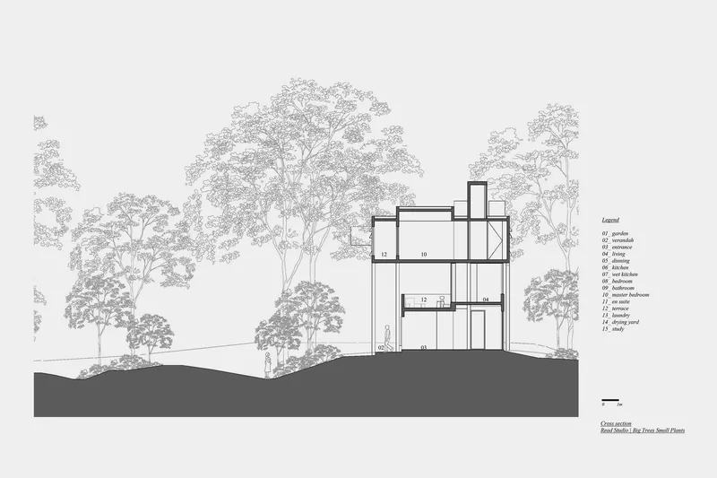 Cross section drawing of the three-level house nestled among tall trees on sloped terrain