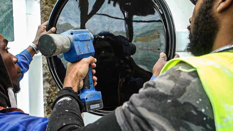 Workers drilling mounting holes into the frame of a circular window unit