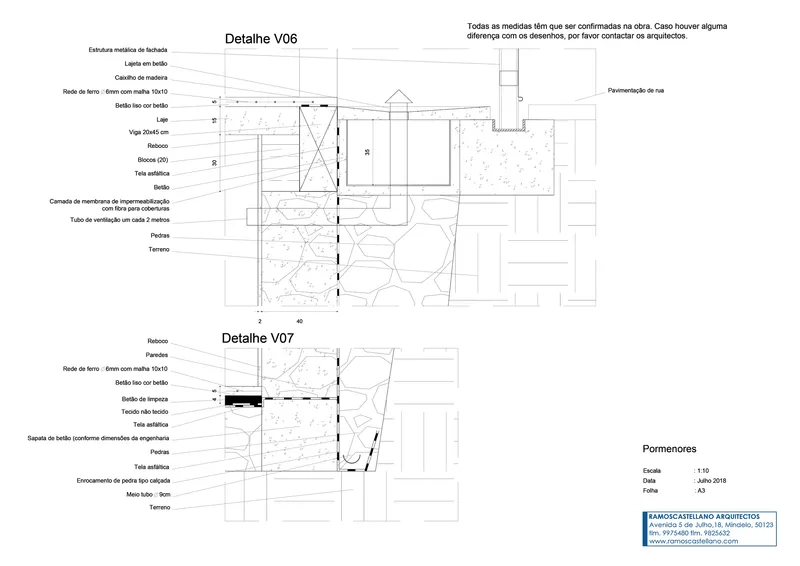 Section and plan detail drawings depicting foundation and wall assembly with waterproofing membrane