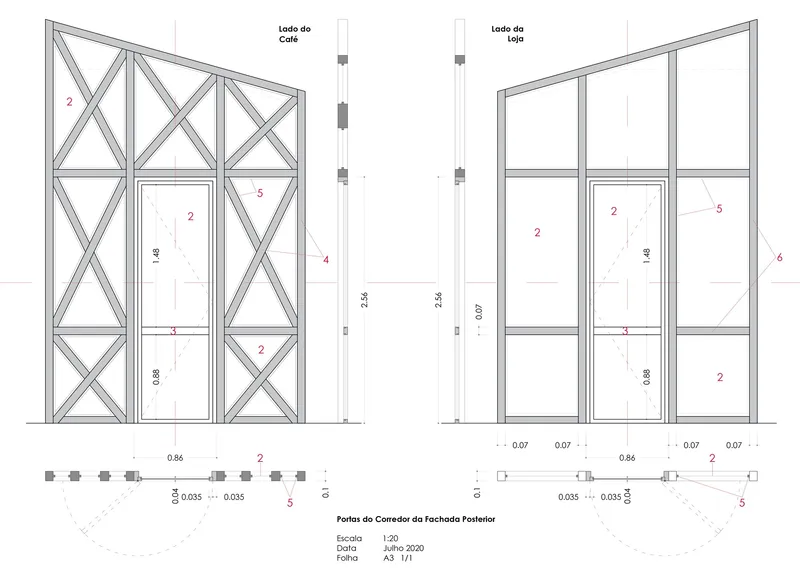 Elevation drawings comparing two facade options with diagonal bracing and simple glazing frames