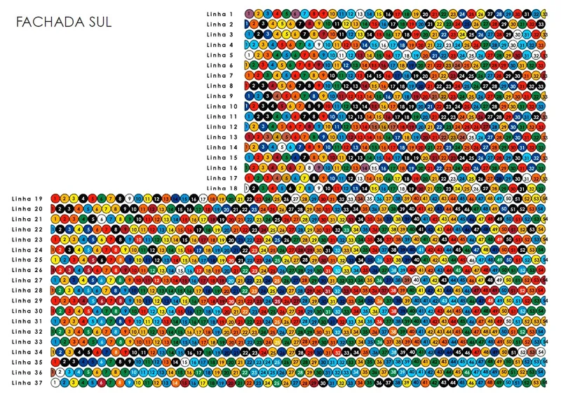 Elevation drawing of the south facade showing a grid of multicolored circular panels arranged in rows