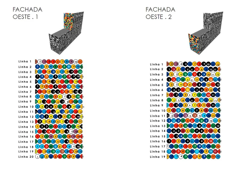 Elevation drawings of two west facades showing colored circles concentrated at the upper corner of each wall