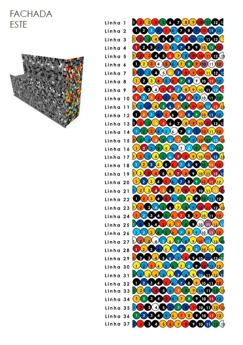 Elevation drawing of the east facade showing multicolored circular panels distributed across the wall surface