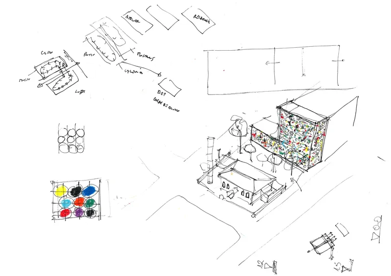 Sketch showing a rectangular volume with multicolored circular facade panels within a site context