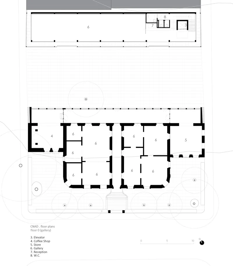 Ground floor plan drawing showing gallery spaces, coffee shop, store, and reception areas