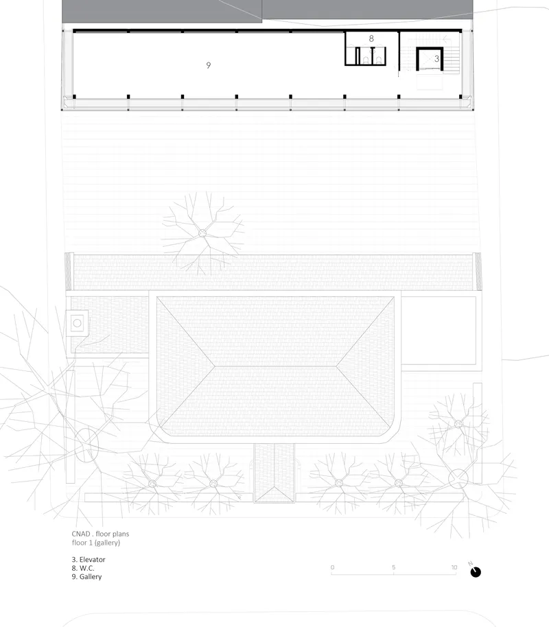 First floor plan drawing showing gallery level with surrounding trees in the site plan