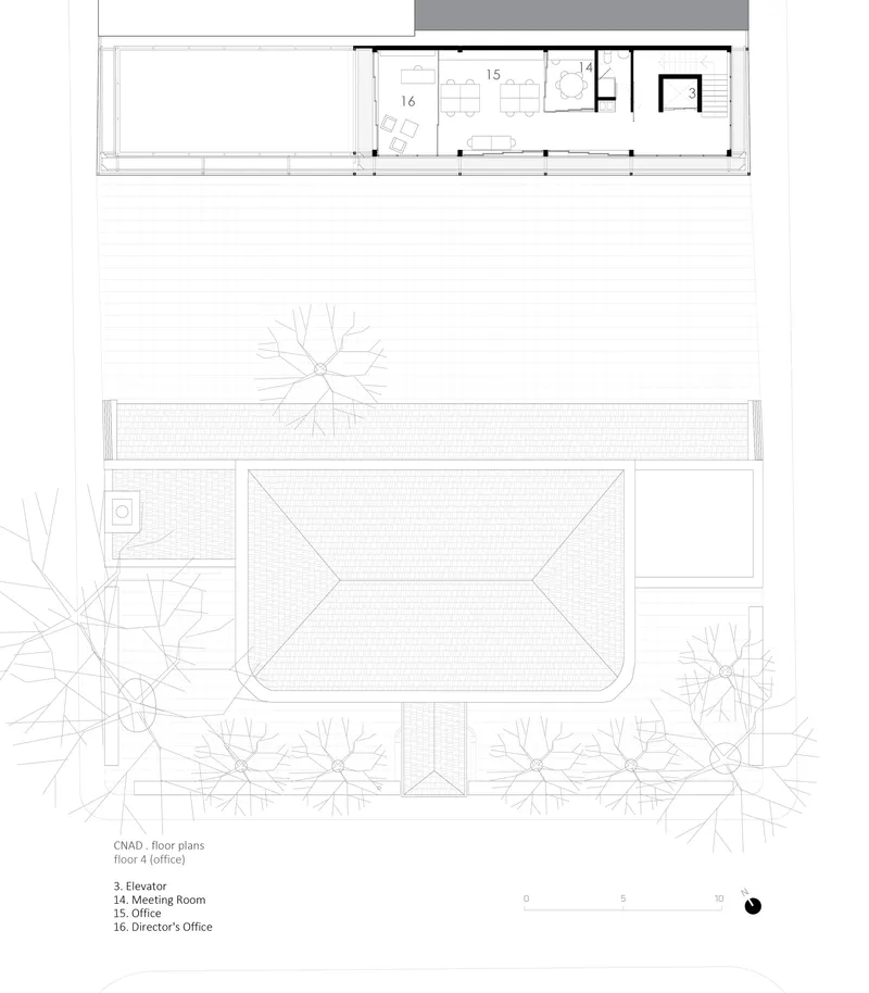 Fourth floor plan drawing showing office level with meeting room and director's office