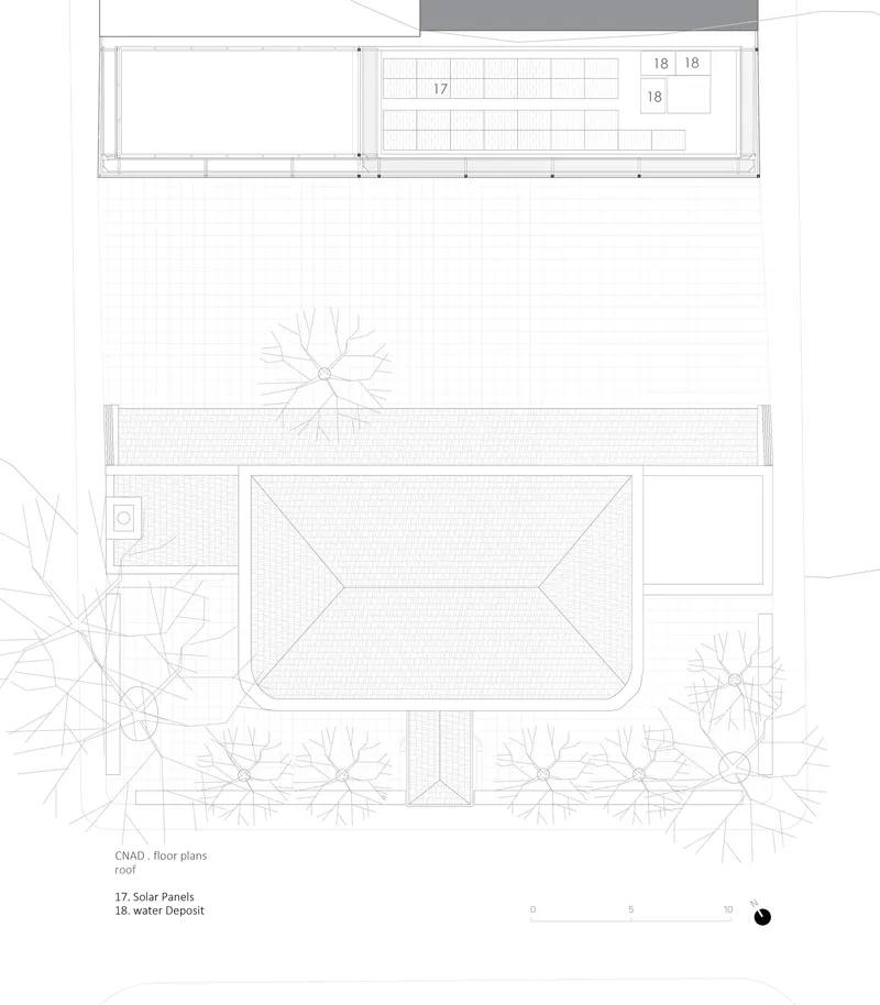 Floor plan and roof plan drawings showing a linear pavilion with a pool and surrounding trees