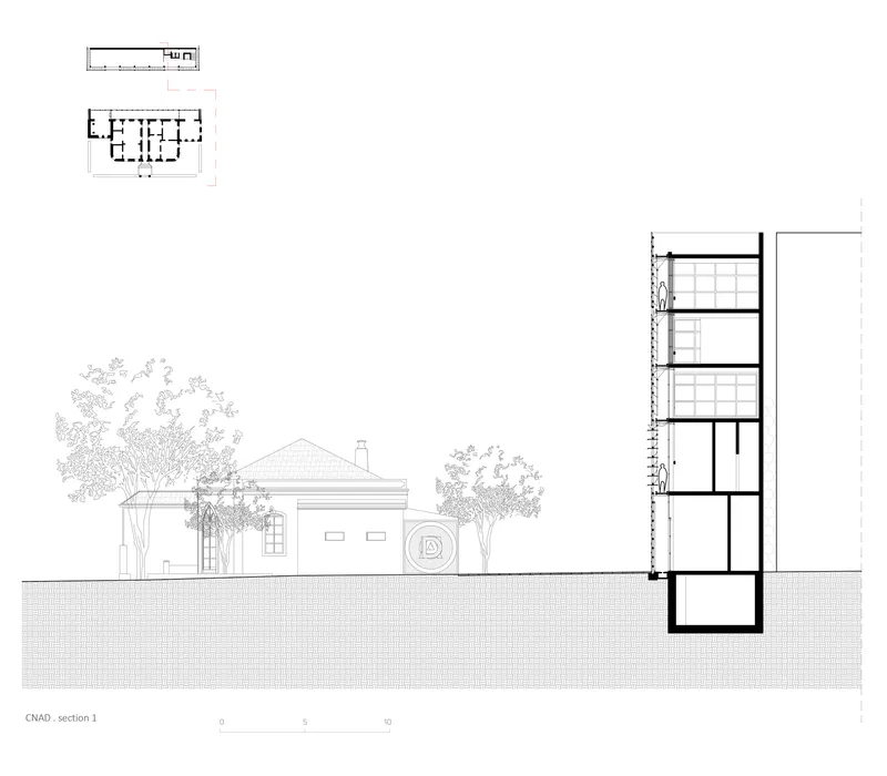 Section drawing showing the residential building and a four-story structure cut through the ground below