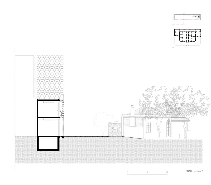 Section drawing showing the tall honeycomb screen wall and the subterranean levels with a tree canopy