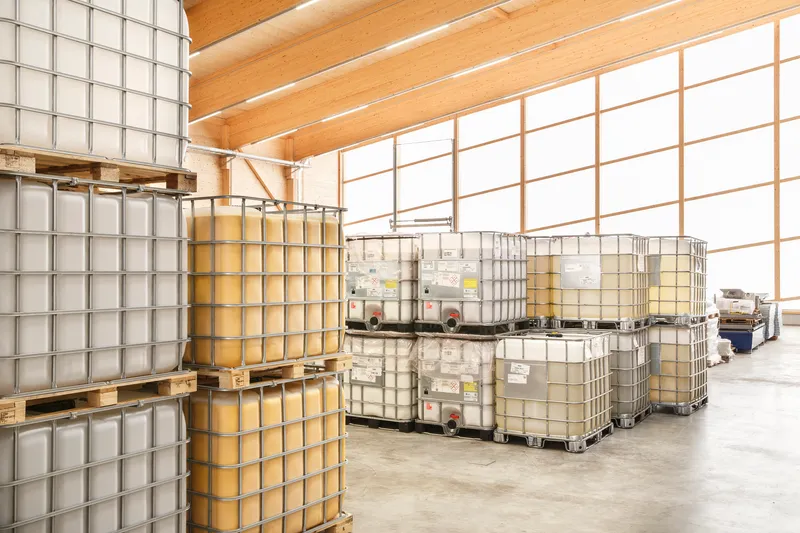 Interior warehouse space with translucent polycarbonate walls and rows of intermediate bulk containers on pallets