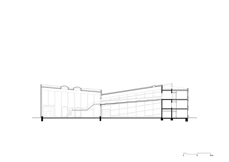 Section drawing showing stepped interior volumes with a sloping roofline connecting multiple levels