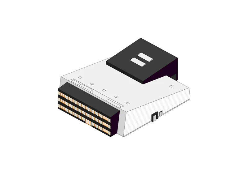 Axonometric drawing showing a horizontal white volume with a dark raised rooftop element