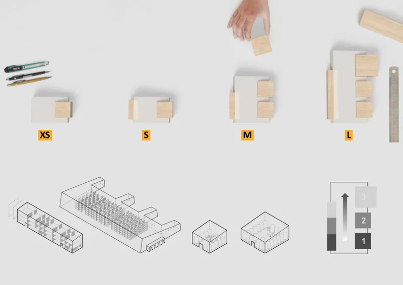 Diagram of material samples in four sizes alongside axonometric building volumes and an assembly sequence