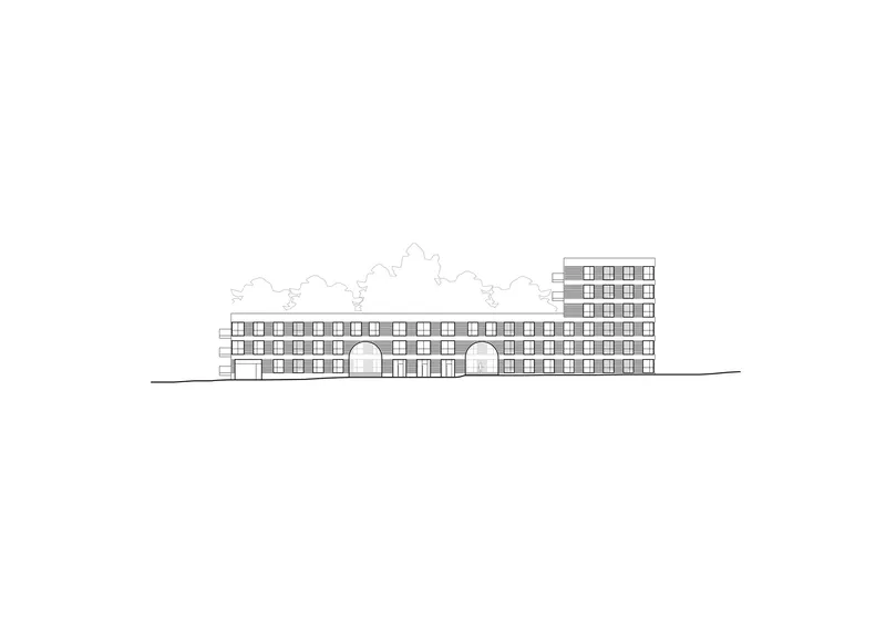 Elevation drawing showing a horizontal block with two arched openings and a taller tower element