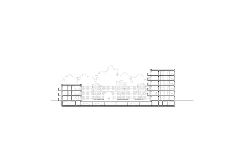 Section drawing revealing the internal floors of two tower blocks flanking a lower central volume