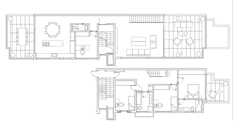 Floor plan drawing showing two levels of a residential unit with central staircase