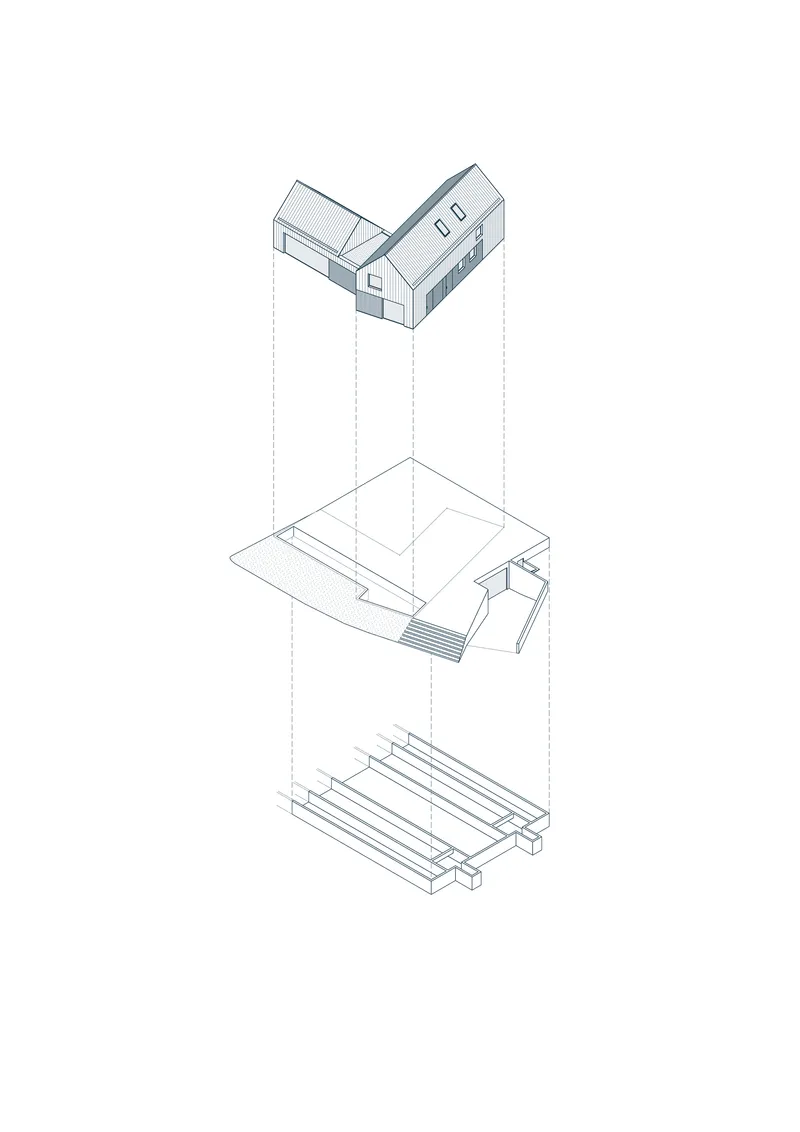 Exploded axonometric drawing showing layered foundation, ground floor and upper gabled volume