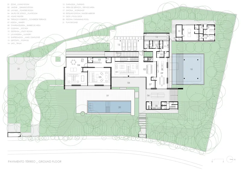 Ground floor plan drawing showing living spaces around two pools set within landscaped site