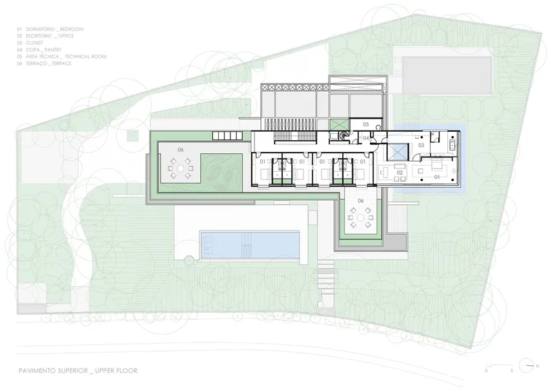 Upper floor plan drawing showing bedroom suites and terraces overlooking the pool below