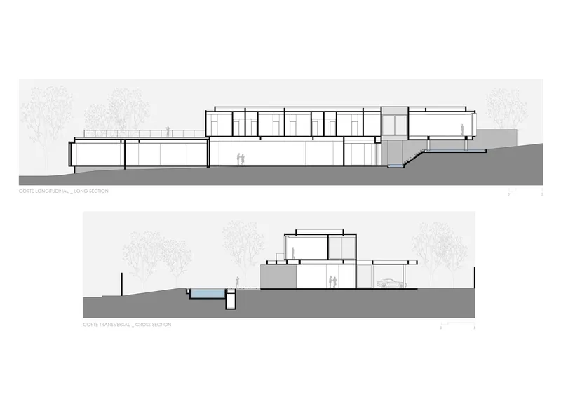 Longitudinal and transverse section drawings showing interior volumes and their relationship to the sloping terrain