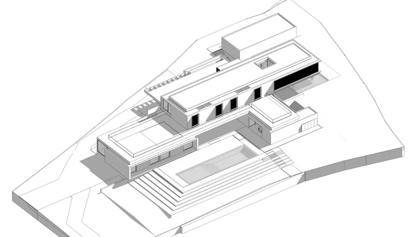Axonometric drawing of the building volumes with terraces and pool on the sloped site