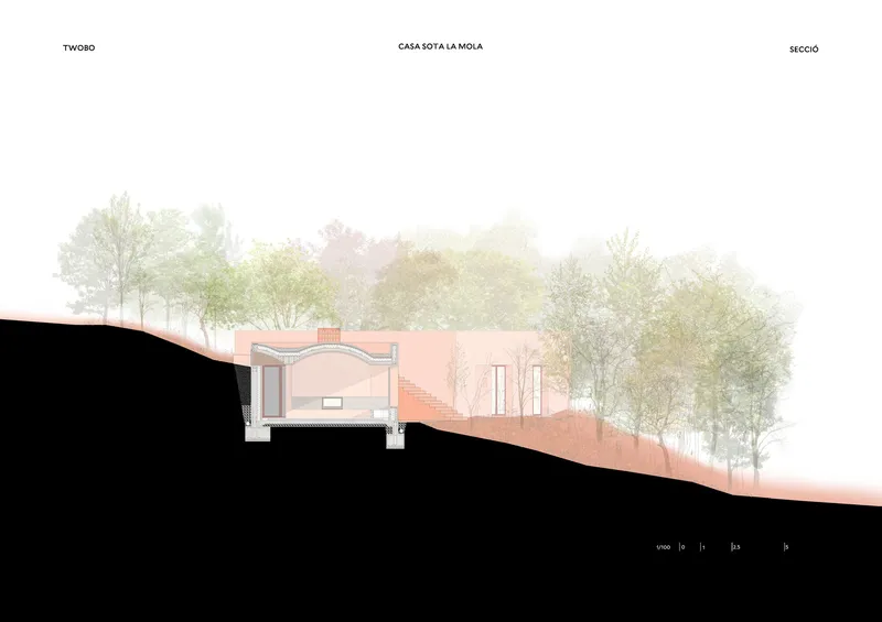 Section drawing revealing interior spaces carved into sloping ground with deciduous trees above
