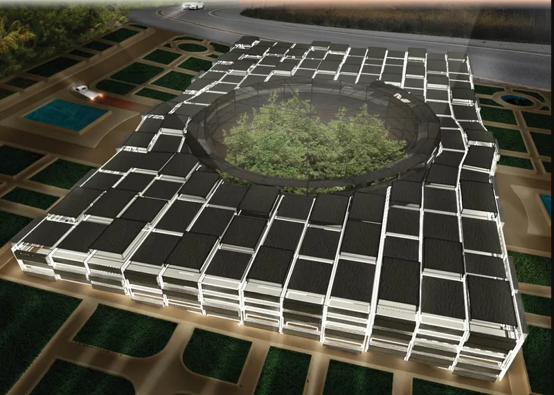 Sustainable architectural form combining modular planning, green infrastructure, and climate-responsive wildlife rehabilitation design.