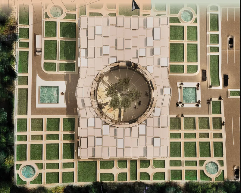 Central courtyard design integrating landscape, circulation, and koala rehabilitation spaces within a sustainable architectural framework.